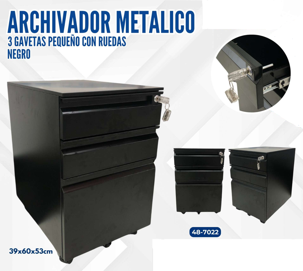 ARCHIVADOR METÁLICO 3 GAVETAS PEQUEÑO CON RUEDAS NEGRO