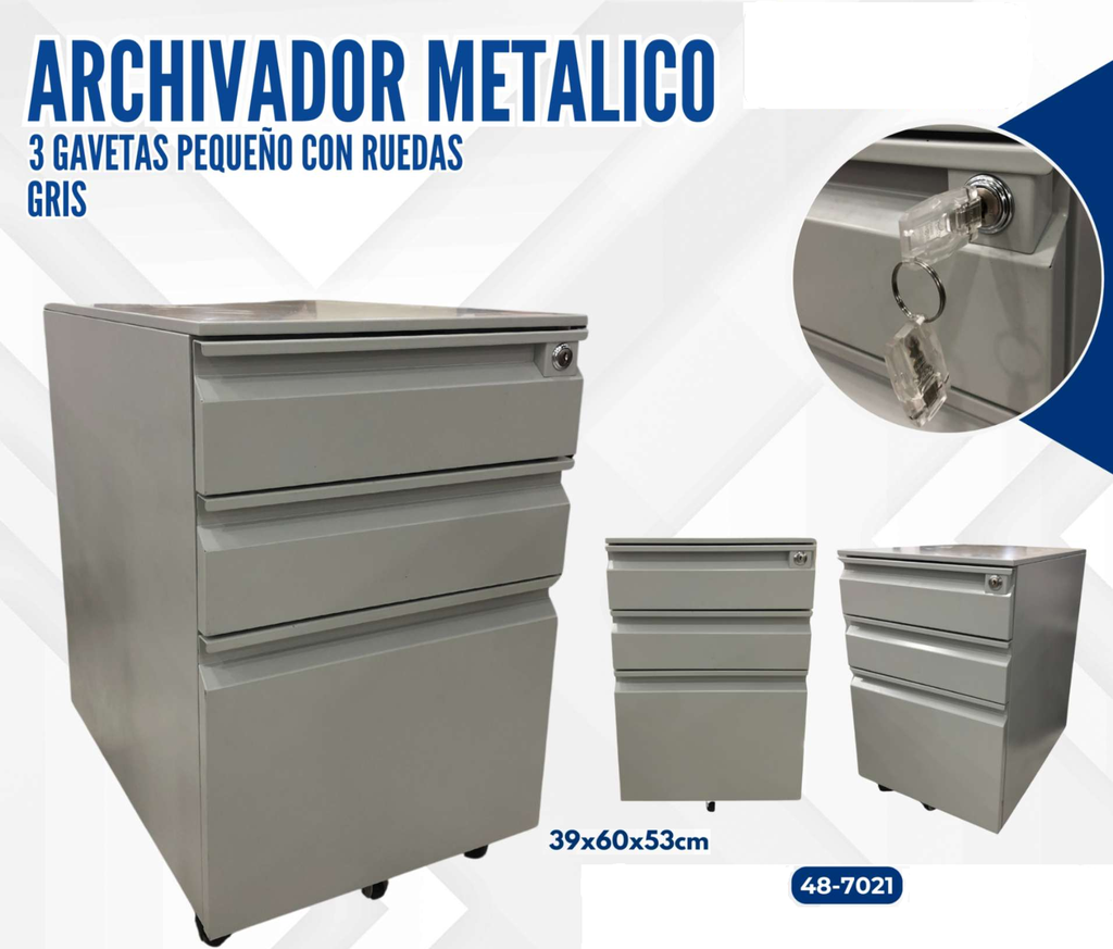 ARCHIVADOR METALICO 3 GAVETAS PEQUEÑO CON RUEDAS GRIS