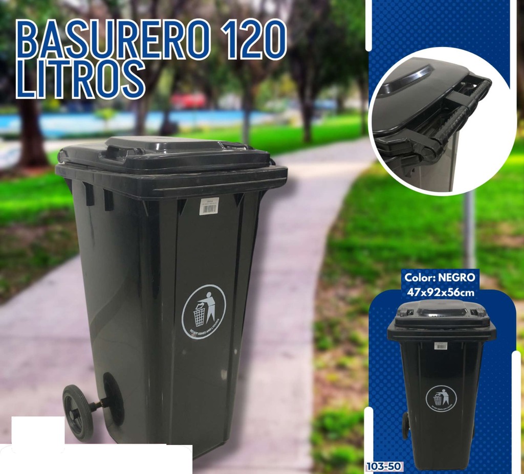 BASURERO 120L NEGRO CON LLANTAS Y PEDAL 32 GAL
