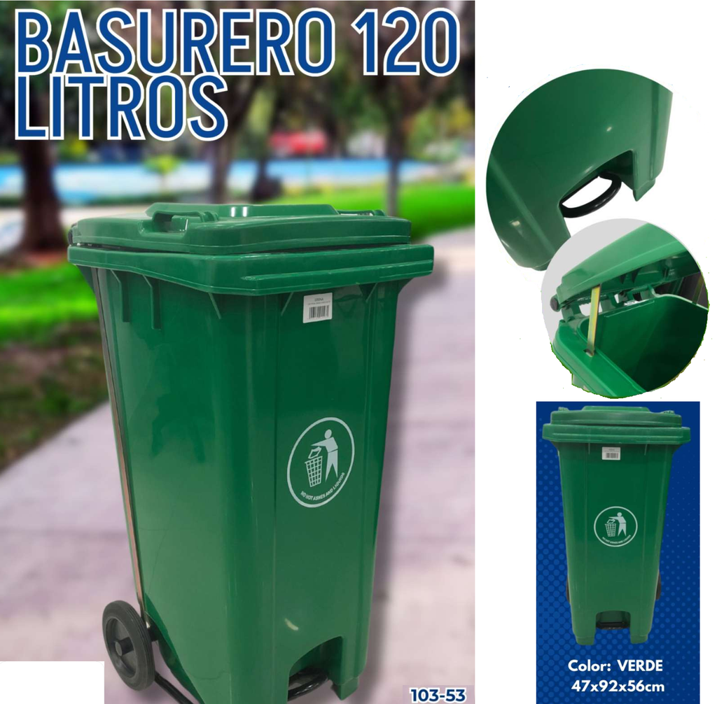 BASURERO 120L VERDE CON LLANTAS Y PEDAL 32 GAL