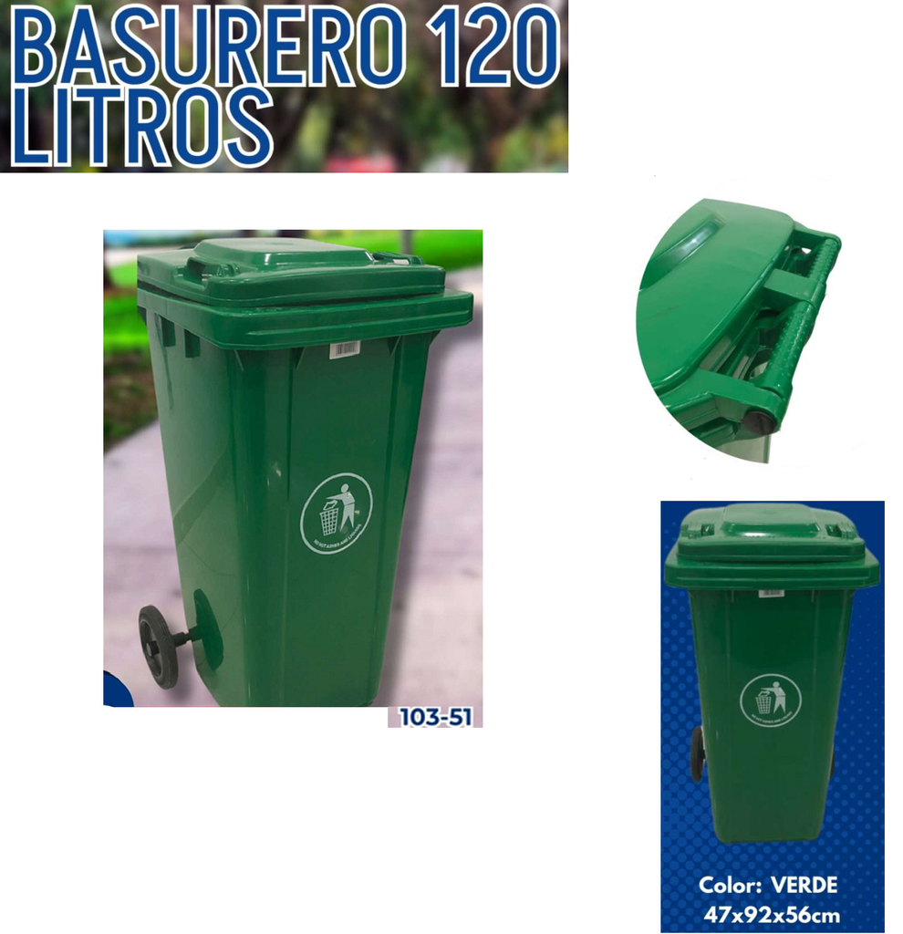 BASURERO 120L VERDE CON LLANTAS 32 GAL
