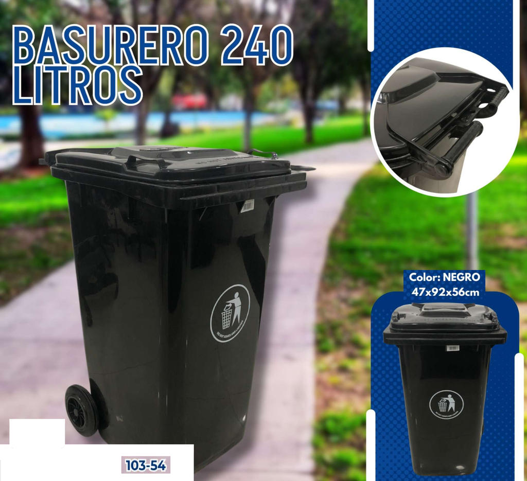 BASURERO 240L NEGRO CON LLANTAS 64 GAL