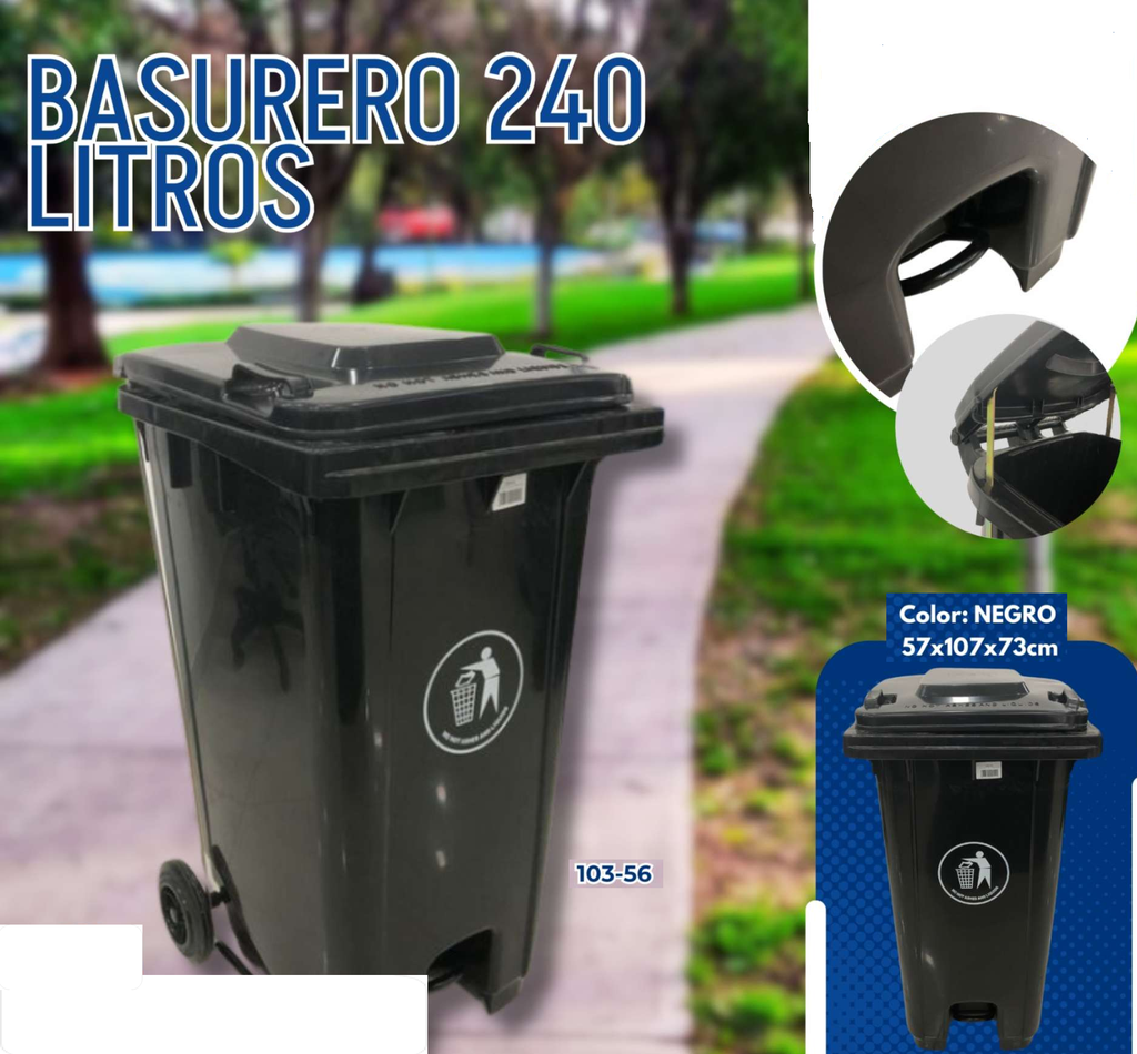 BASURERO 240L NEGRO CON LLANTAS Y PEDAL 64 GAL