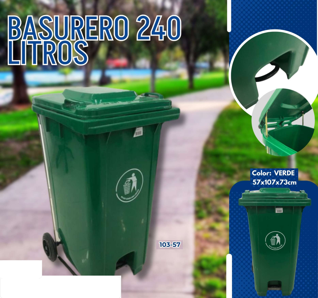 BASURERO 240L VERDE CON LLANTAS Y PEDAL 64 GAL