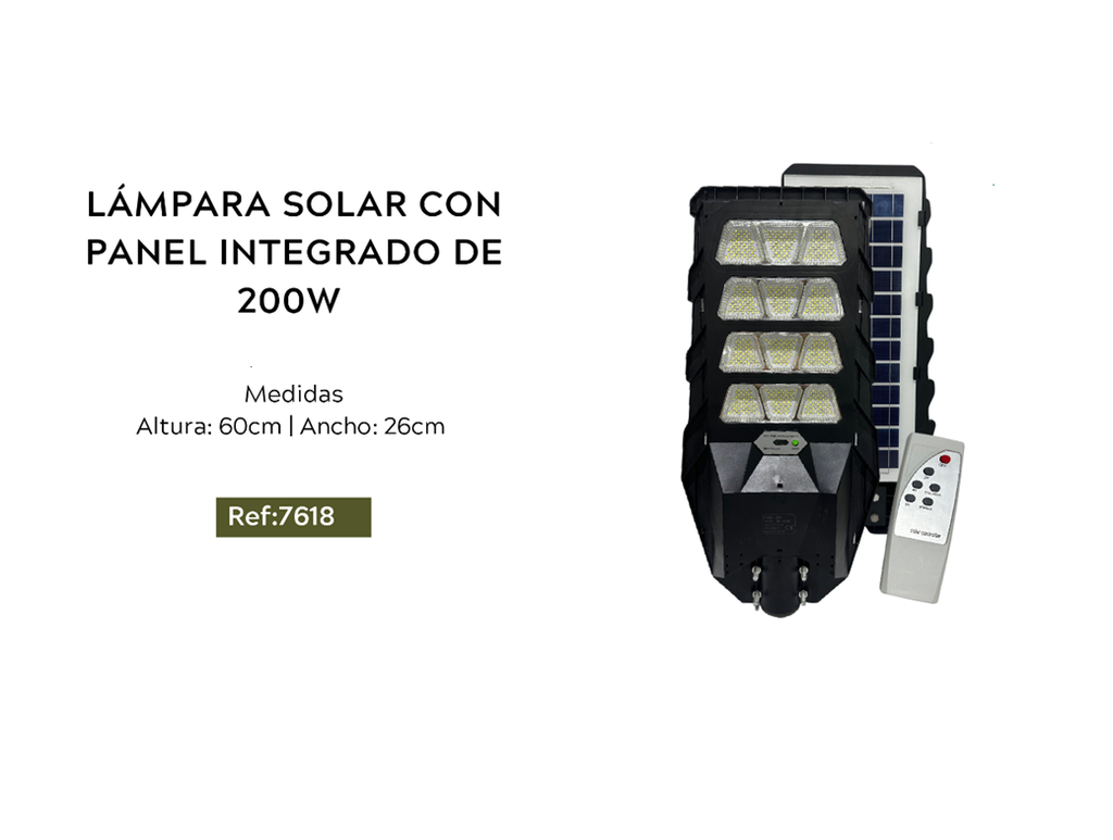 LÁMPARA SOLAR CON PANEL INTEGRADO DE 200W