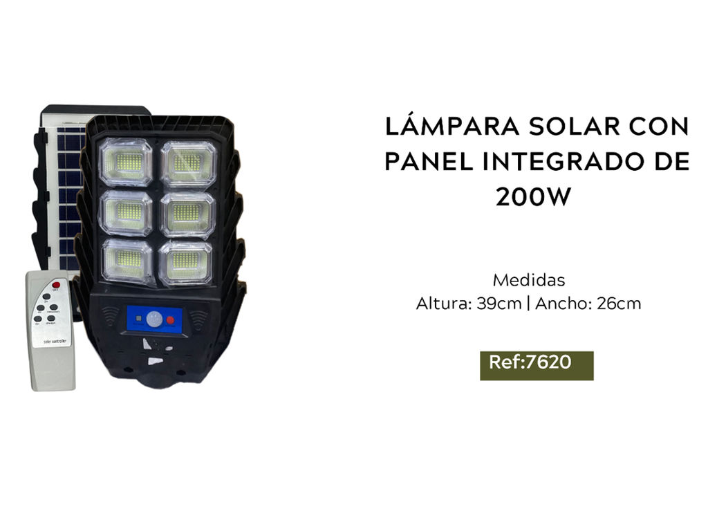 LÁMPARA SOLAR CON PANEL INTEGRADO DE 200W