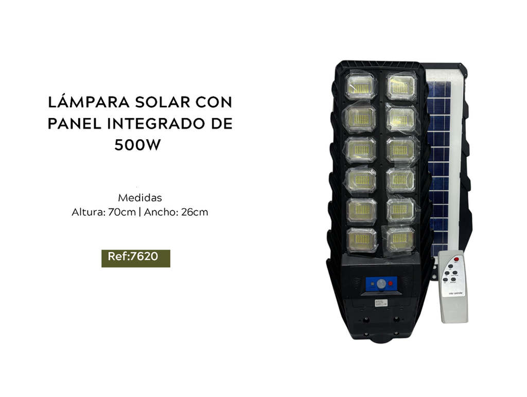 LÁMPARA SOLAR CON PANEL INTEGRADO DE 500W