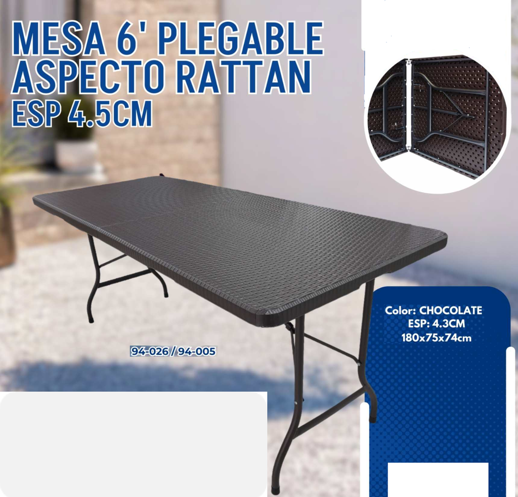 MESA 6' PLEGABLE CHOCOLATE PLASTICA  RATTAN ASPECTO